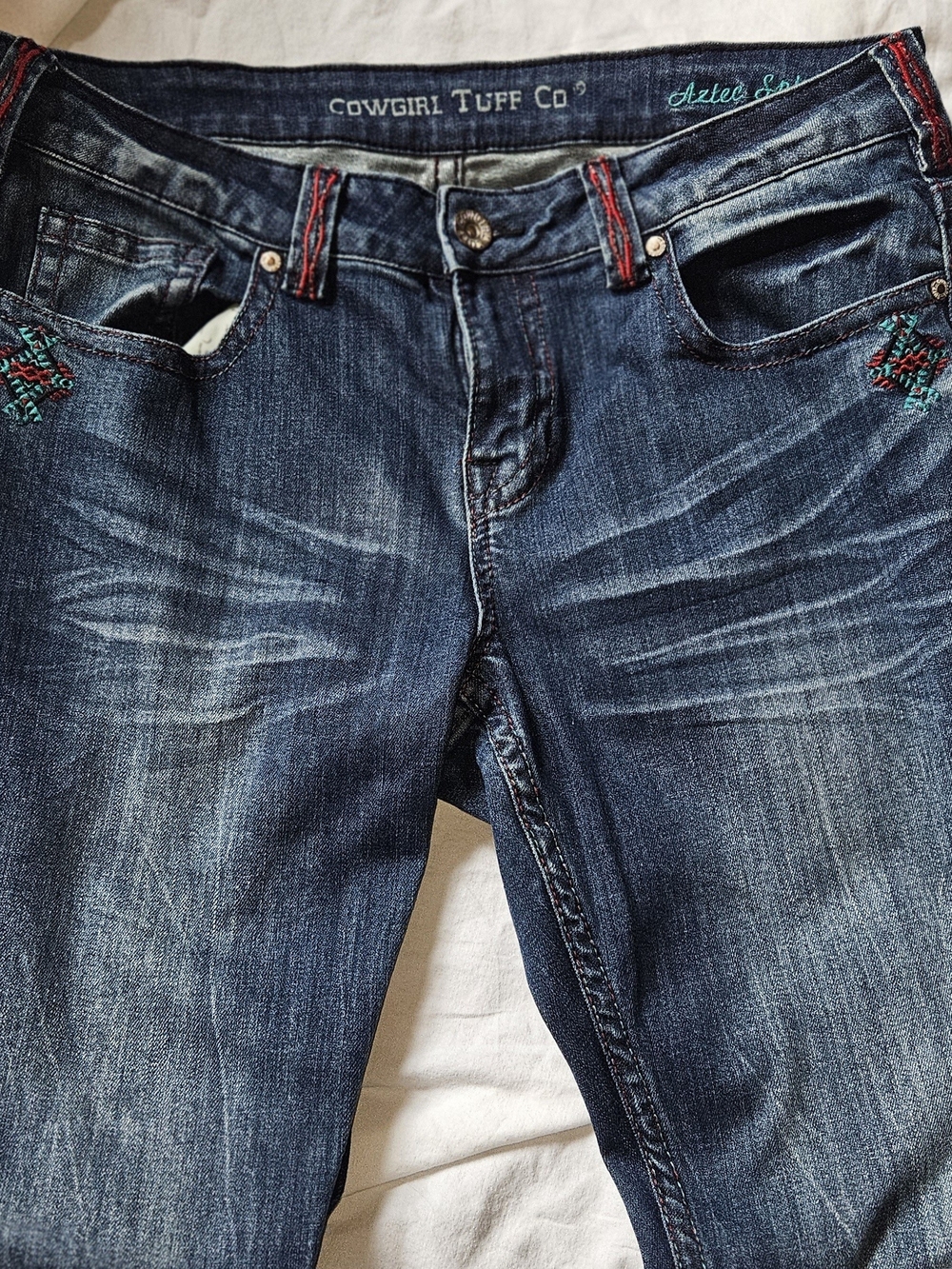Cowgirl Tuff Women's Dark Indigo Wide Leg Jeans with Turquoise & Red Embroidery